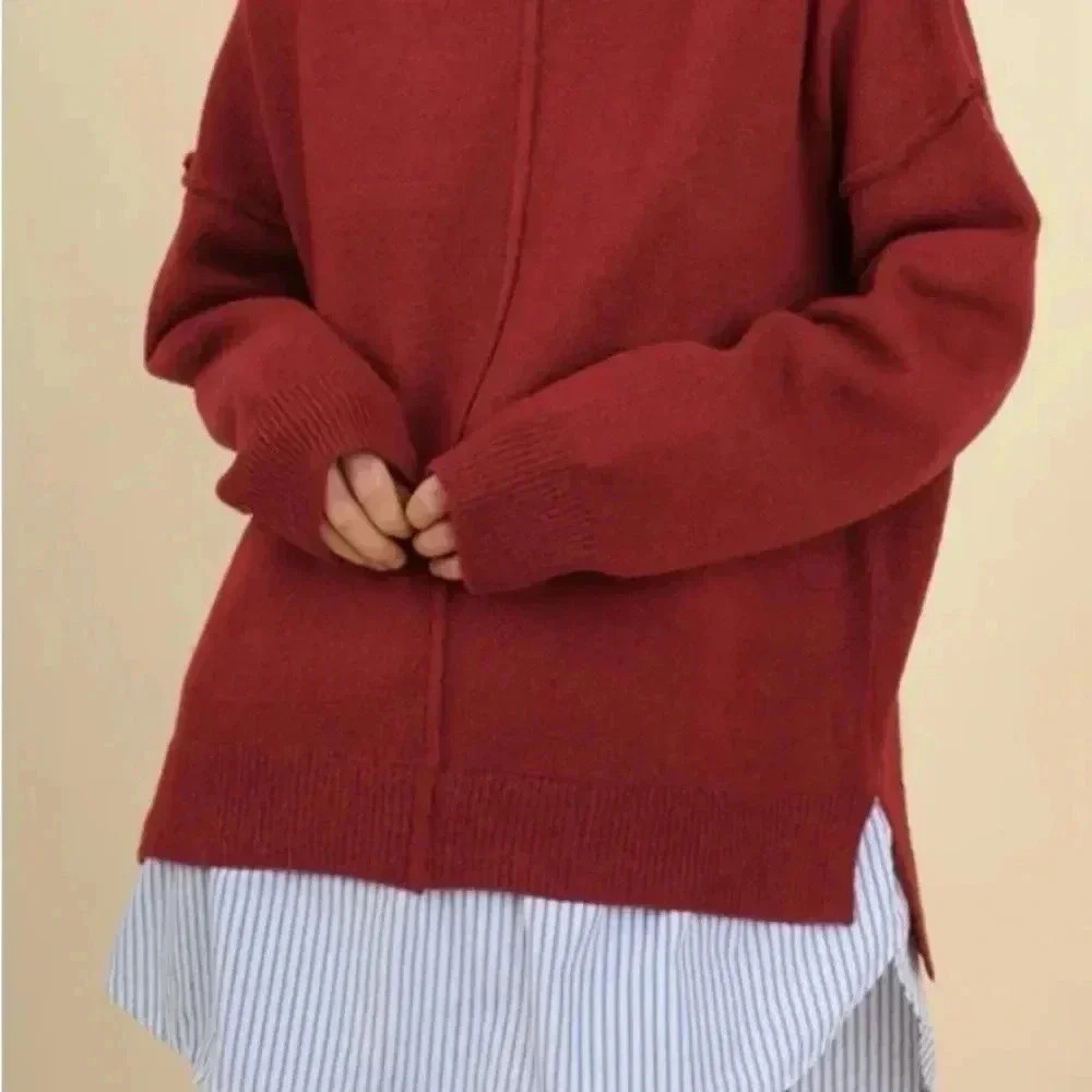 Umgee Red sweater with faux shirt tail ** small imperfection in shoulder seam